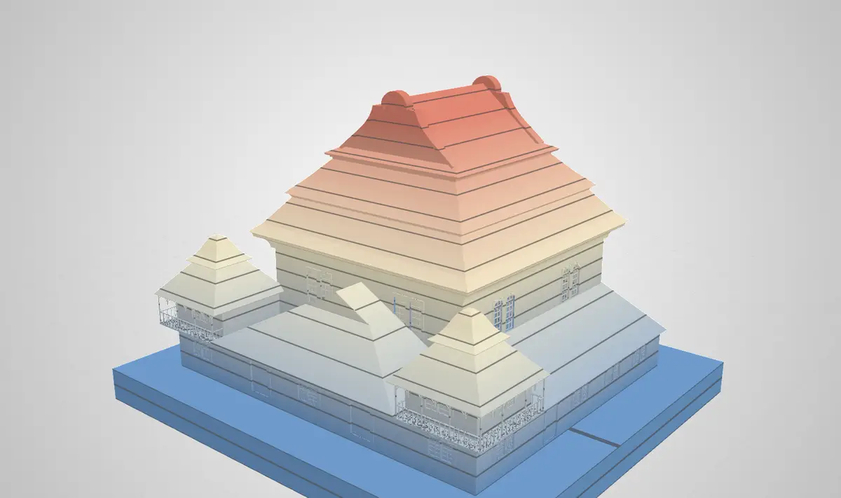 The same model coloured by height with contour lines